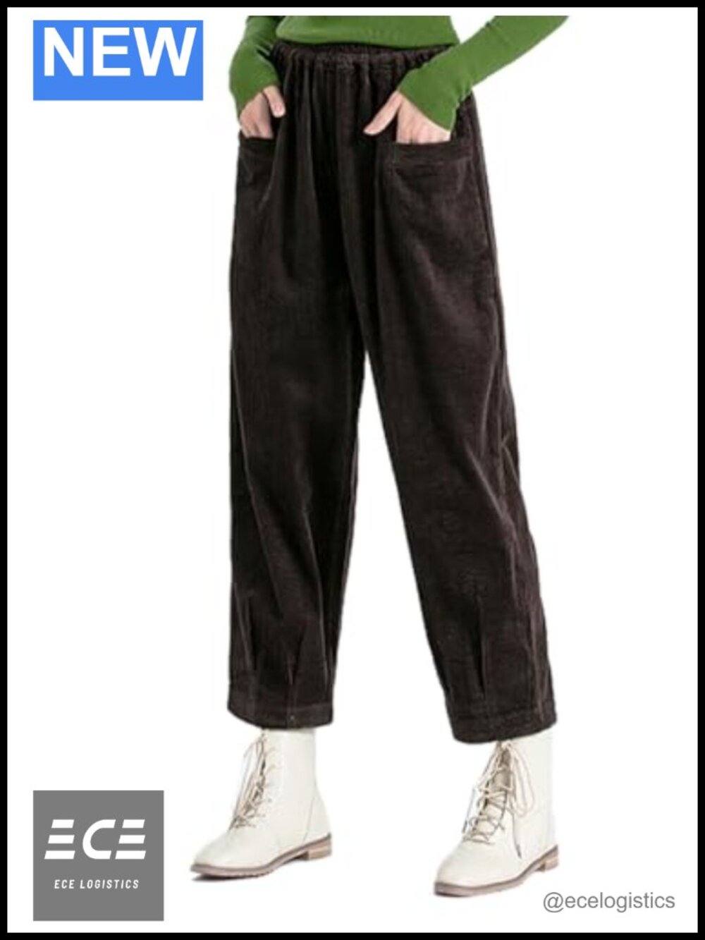 Minibee Corduroy Baggy Pants Elastic Waist Loose Harem Wide Leg Trousers Pockets